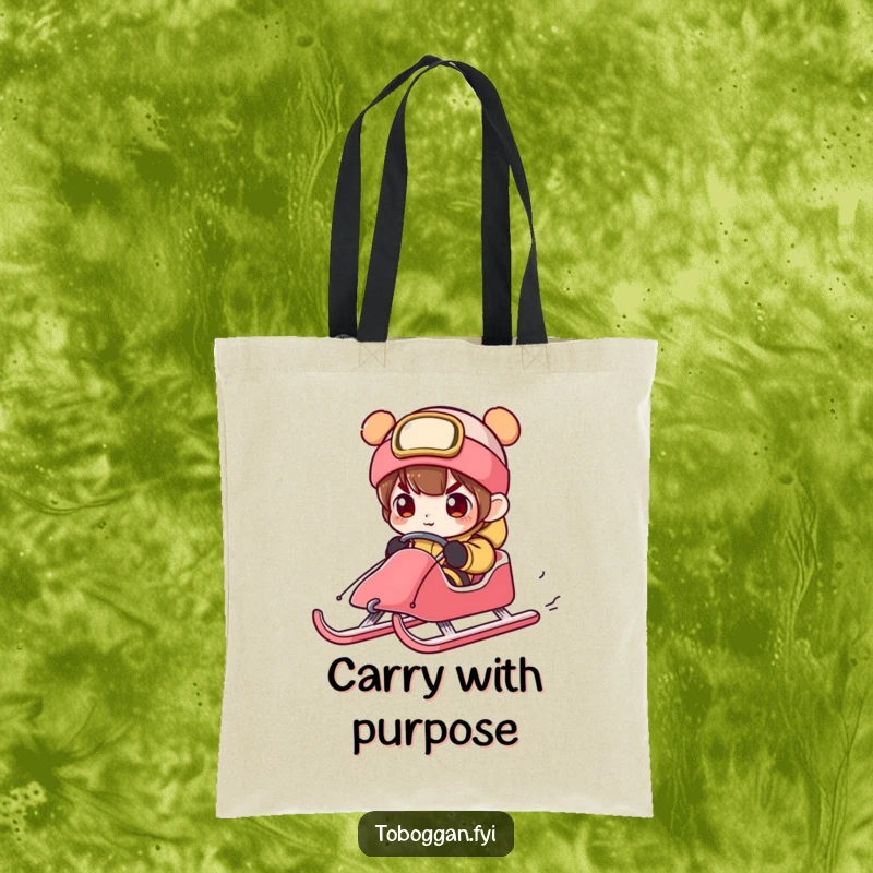 Funny character with intense concentration steering a sled, a humorous image on a handy tote bag for the focused individual.