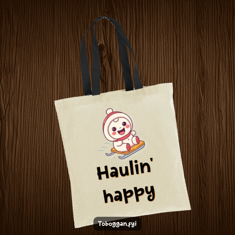 Funny tote bag with a character showing a big grin while sliding on a sled, perfect for carrying essentials.
