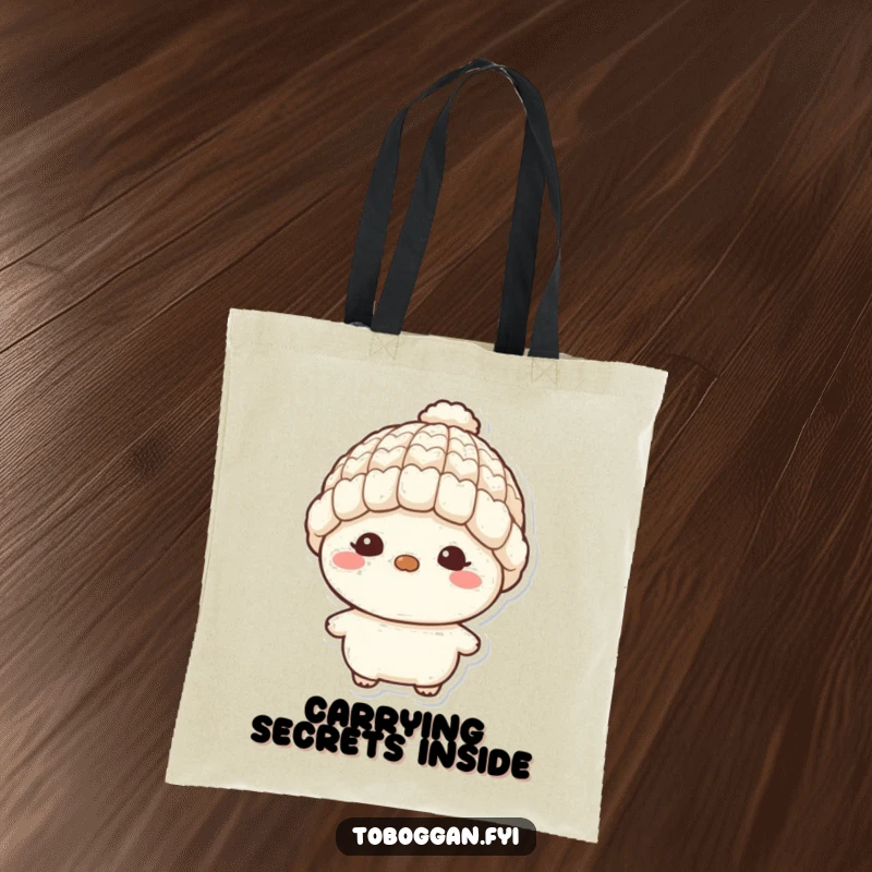 Funny tote bag featuring a character with a tiny wool hat and a mischievous grin, perfect for carrying goods with a humorous flair.