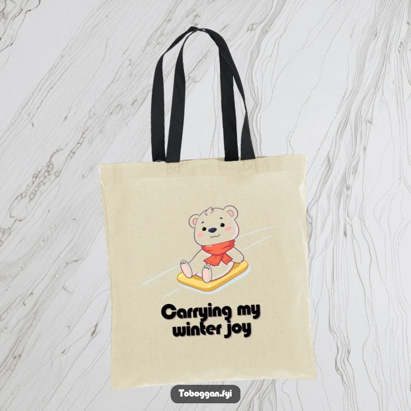 Funny Polar Bear Tote Bag: A cheerful polar bear cub wearing a tiny scarf joyfully slides down an icy slope, making it a charming accessory.