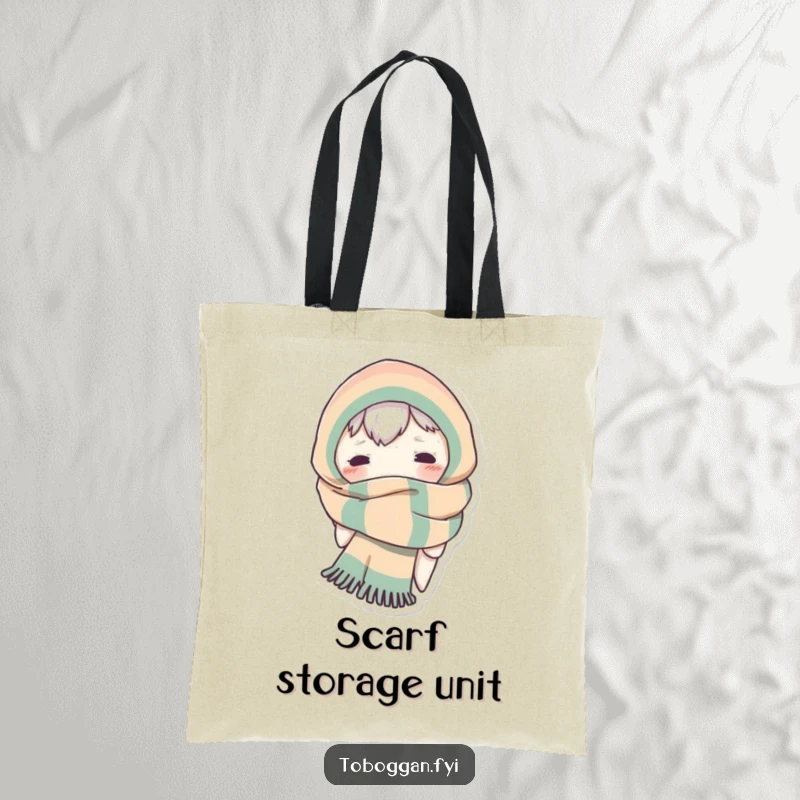 Funny tote bag with a character hilariously wrapped in a scarf, with just its eyes visible in a playful peek-a-boo.