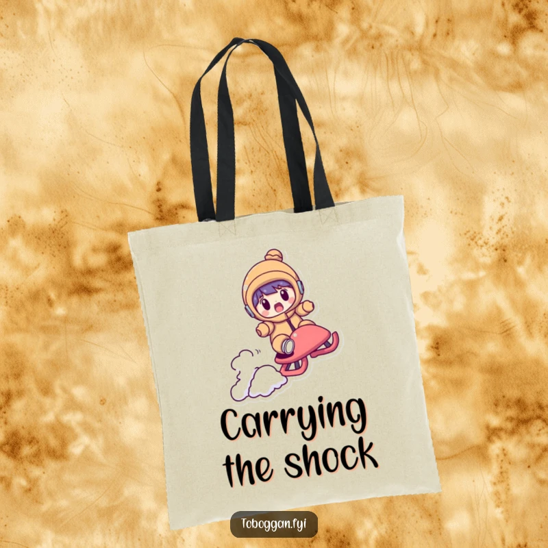 Funny tote bag with a character looking shocked as their sled flies over a small bump, illustrating a comical surprise aerial adventure.