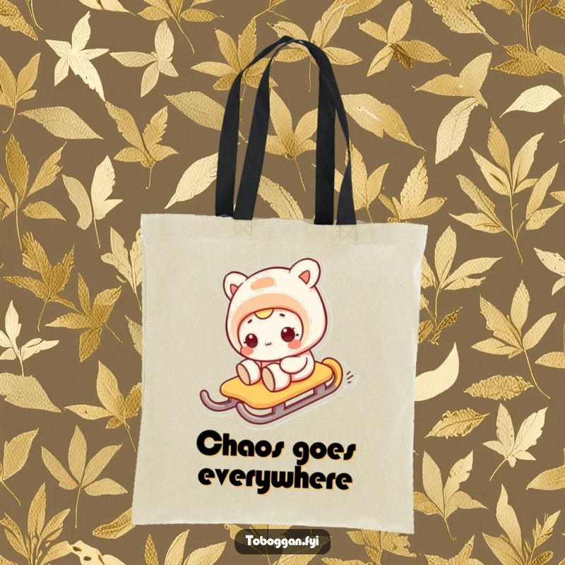Funny tote bag with a character's comical face while sliding sideways on a sled, a humorous accessory.