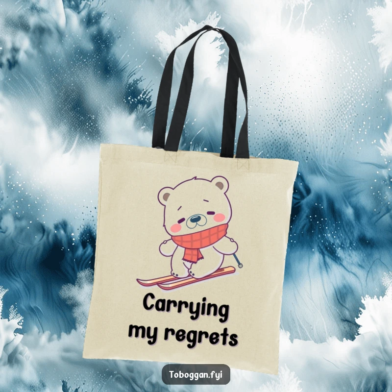 Funny confused polar bear in a scarf attempting to ski uphill on a tote bag, a humorous accessory for Arctic animal fans.