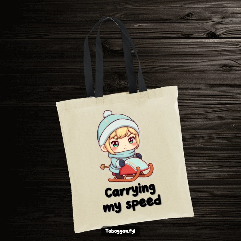 Funny tote bag illustrating a determined character holding a sled, ready for winter downhill action.