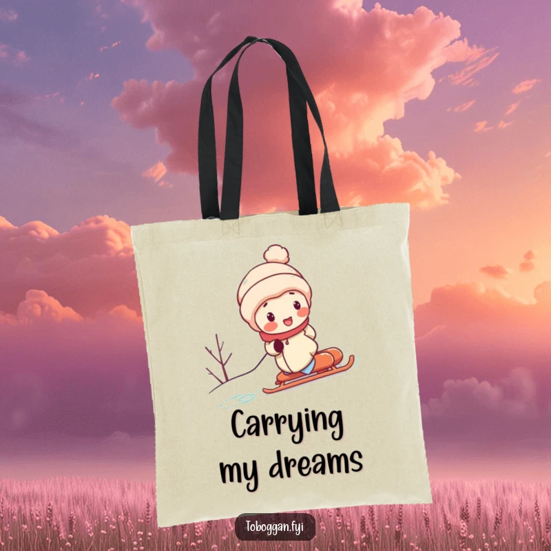 Funny tote bag shows a rosy-cheeked character with great effort, pushing a sled up a challenging snowy slope, perfect for carrying humor and essentials.