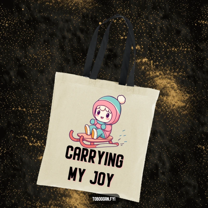 Funny tote bag depicting a character doing a funny spin on a sled, ideal for carrying essentials with a smile.