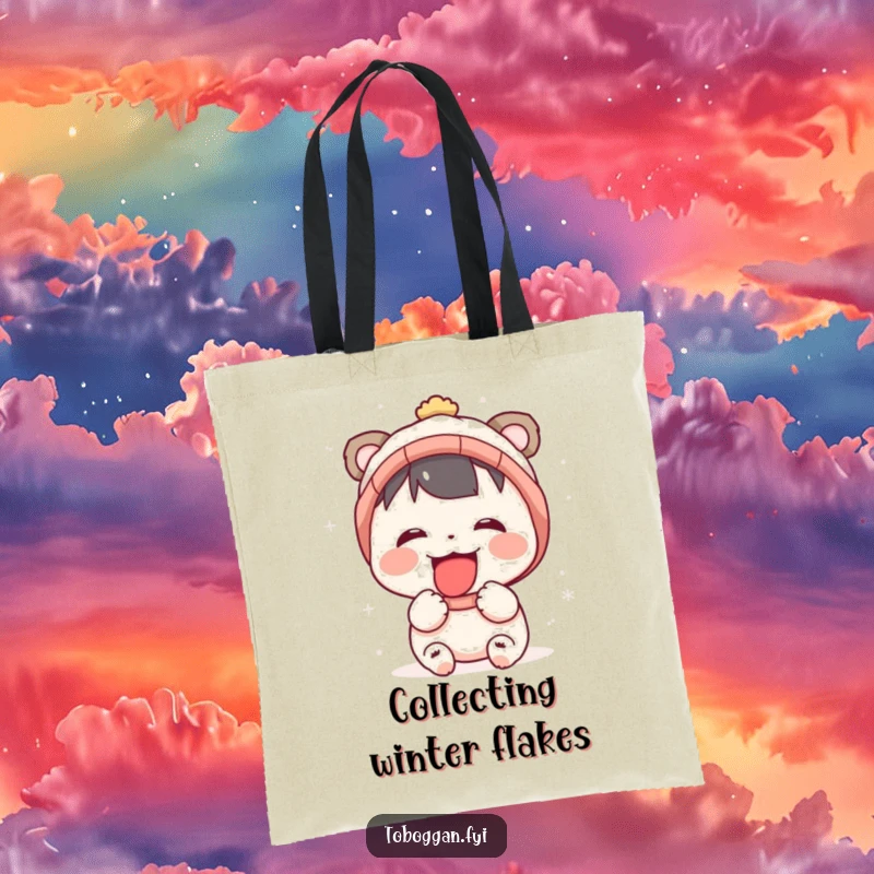 Funny tote bag illustrating a character ecstatically catching snowflakes on its tongue, a symbol of winter joy.