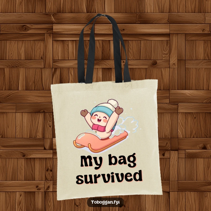 Funny tote bag with a character playfully falling off a sled into a fluffy snowbank, embodying winter mishaps.