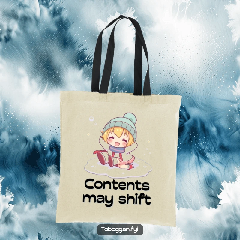 Funny tote bag with a cartoon character playfully tumbling head over heels in snow, perfect for carrying winter essentials.