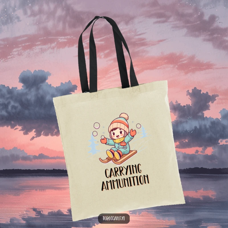 Funny character excitedly throwing snowballs while sledding downhill on a tote bag.