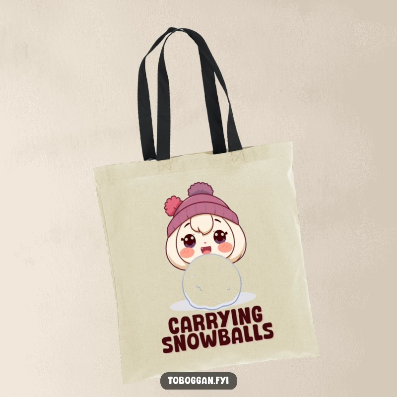 Funny tote bag illustrating a character with a comically surprised expression, caught off guard by a snowball.