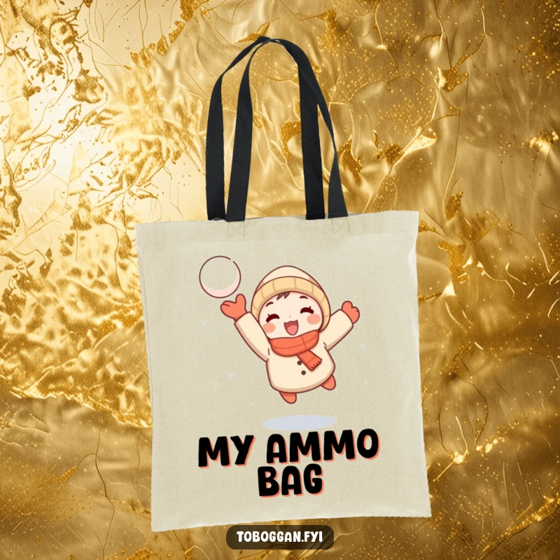 Funny tote bag featuring a small cartoon character joyfully throwing a snowball mid-flight, ideal for carrying winter essentials.