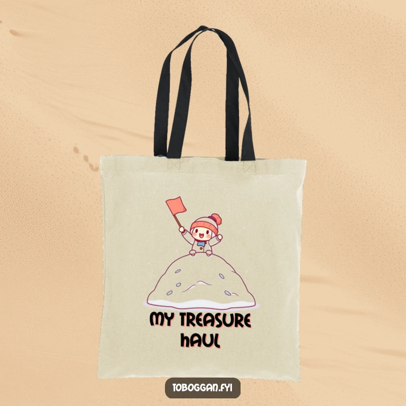 Funny tote bag with a character holding a tiny flag, cheering triumphantly from the top of a snowdrift, showcasing celebration and achievement.