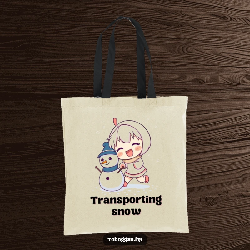 Funny tote bag illustrating an enthusiastic character pushing a small, freshly made snowman, ready for winter fun.