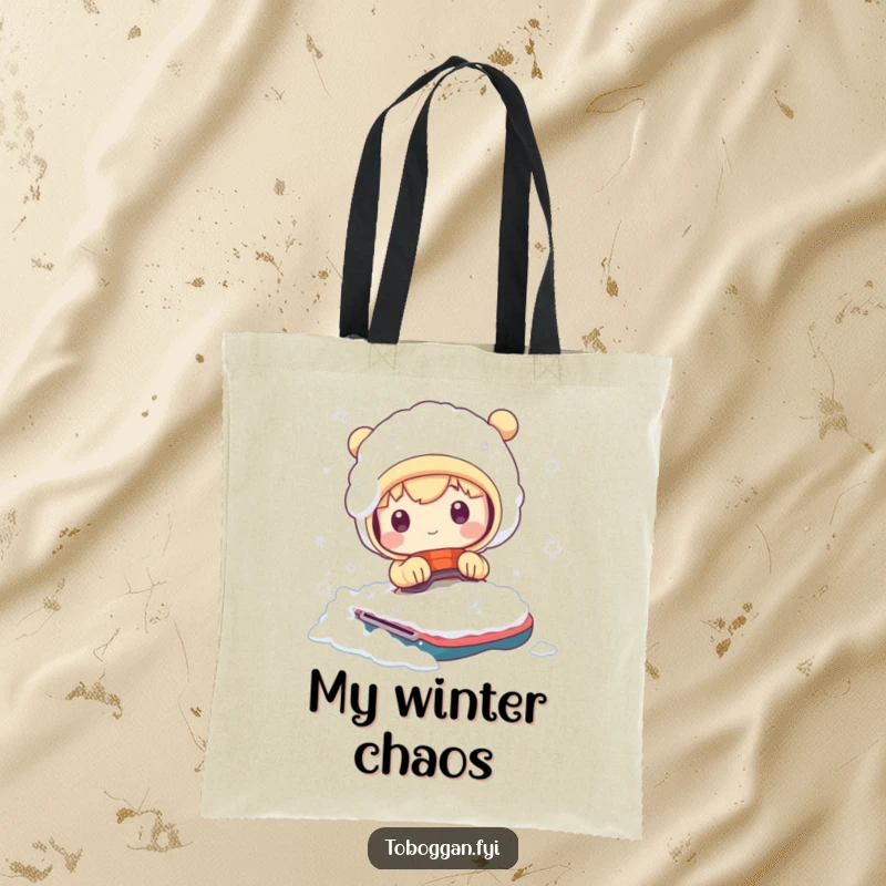 Funny tote bag featuring a cute character comically covered in snow after a bumpy ride, perfect for winter shopping and fun.