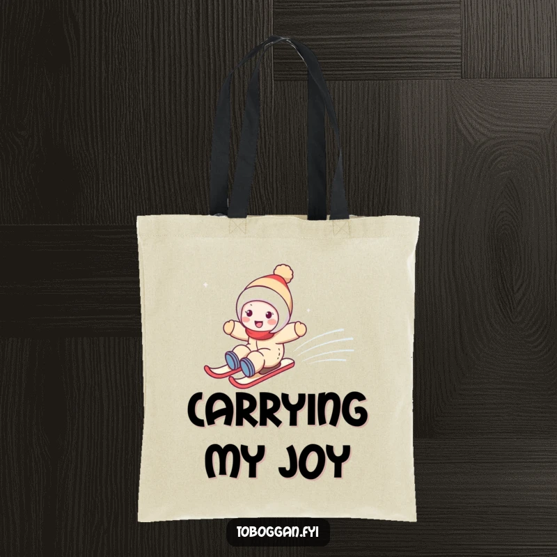 Funny tote bag showing a cute character joyfully zooming down a snowy hill, ready for any snowy adventure.