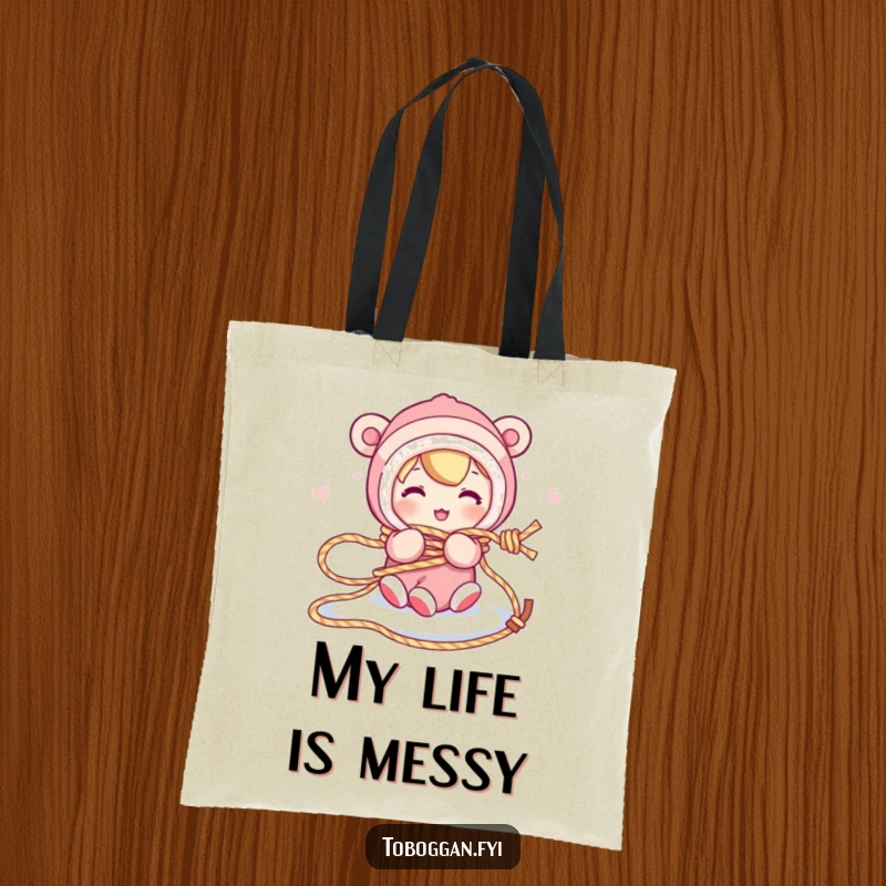 Funny tote bag features a character comically tangled in a sled rope, perfect for carrying humor and everyday mishaps with a smile.