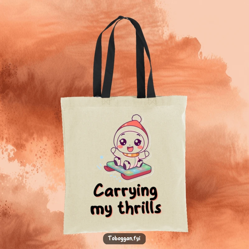 Funny Tote Bag: Character with wide, joyful eyes speeds down a snowy slope on a colorful toboggan, ready for adventure.