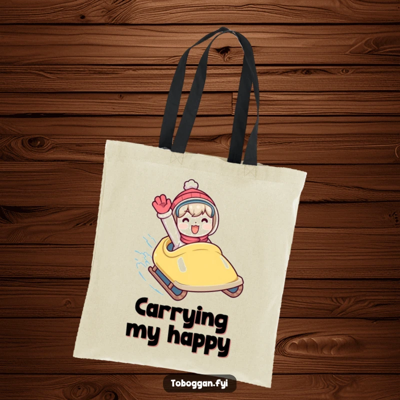 Funny tote bag showing a character waving energetically from a fast toboggan, a humorous and cheerful winter accessory.