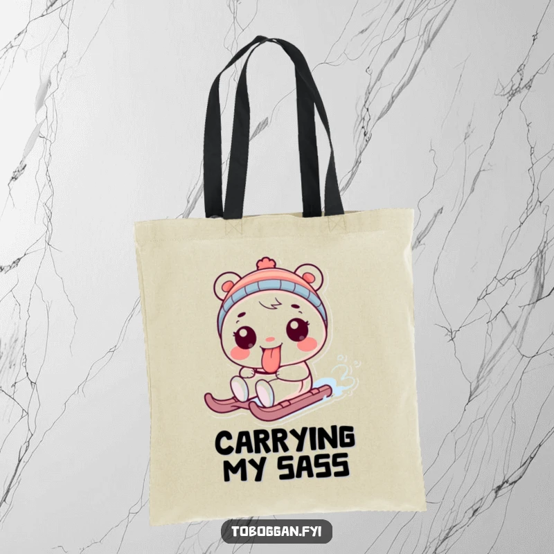 Funny tote bag with a playful character sticking its tongue out while sledding, a functional and humorous funny gift.