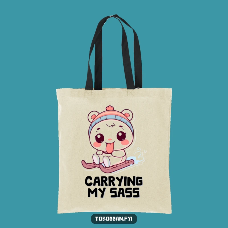 Funny Tongue Out Sledding Character Tote Bag: Playful Carryall Gift