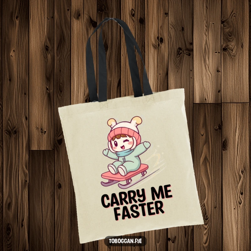 Funny tote bag with a character winking playfully while spinning wildly on a toboggan, depicting exhilarating motion and winter fun.