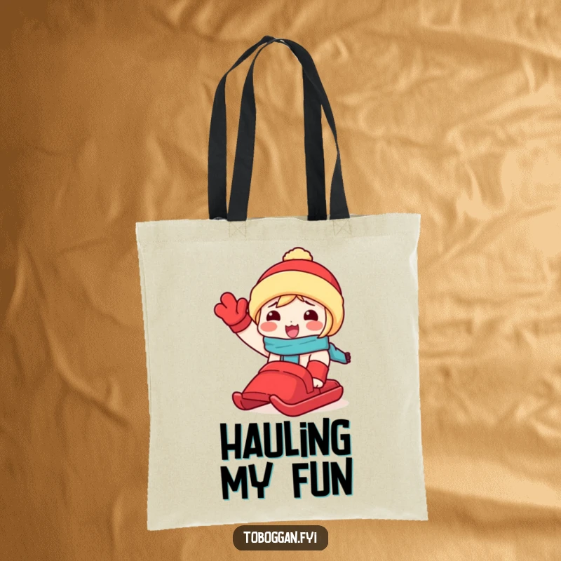Funny tote bag with a character excitedly waving a red toboggan, perfect for carrying gear with a dose of winter cheer.
