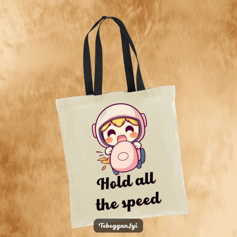 Funny speeding tote bag with a character making a funny, excited face while speeding down, perfect for adventure.