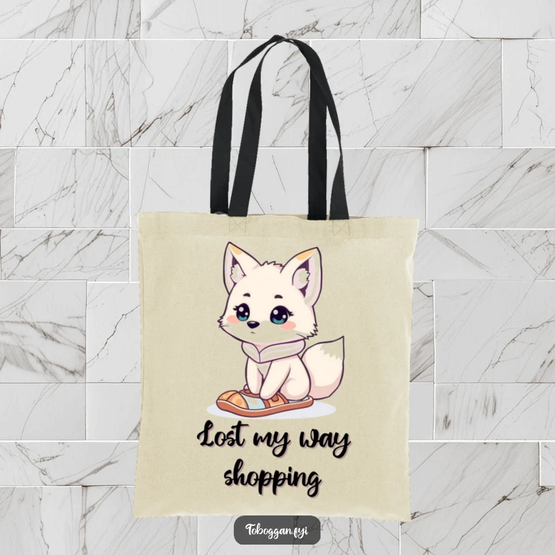 Funny curious arctic fox in a snowshoe looking lost on a durable tote bag, a cute and humorous accessory for adventurers.