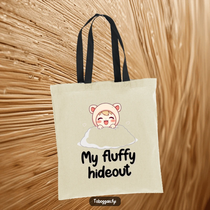 Funny tote bag featuring a cute character joyfully emerging from a soft snow pile, ideal for winter shopping and fun.