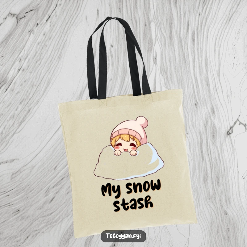 Funny tote bag with a character peeking with a giggle from a snowdrift, perfect for playful, everyday use.