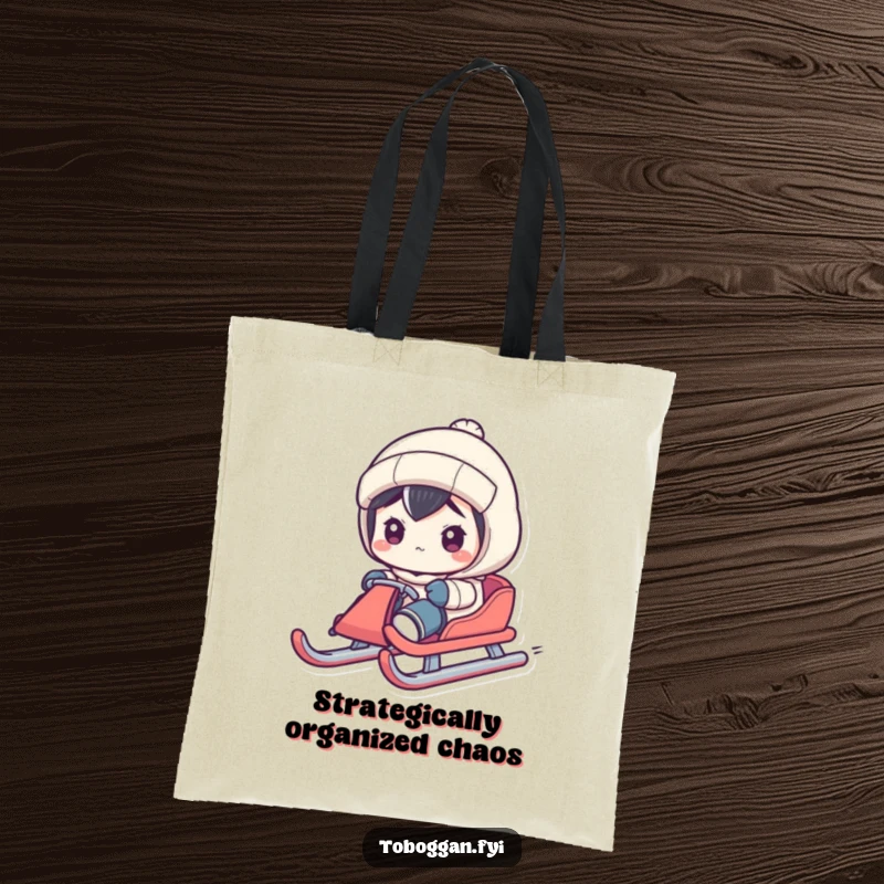 Funny tote bag showing a character steering a sled with exaggerated seriousness, a humorous accessory for the focused.
