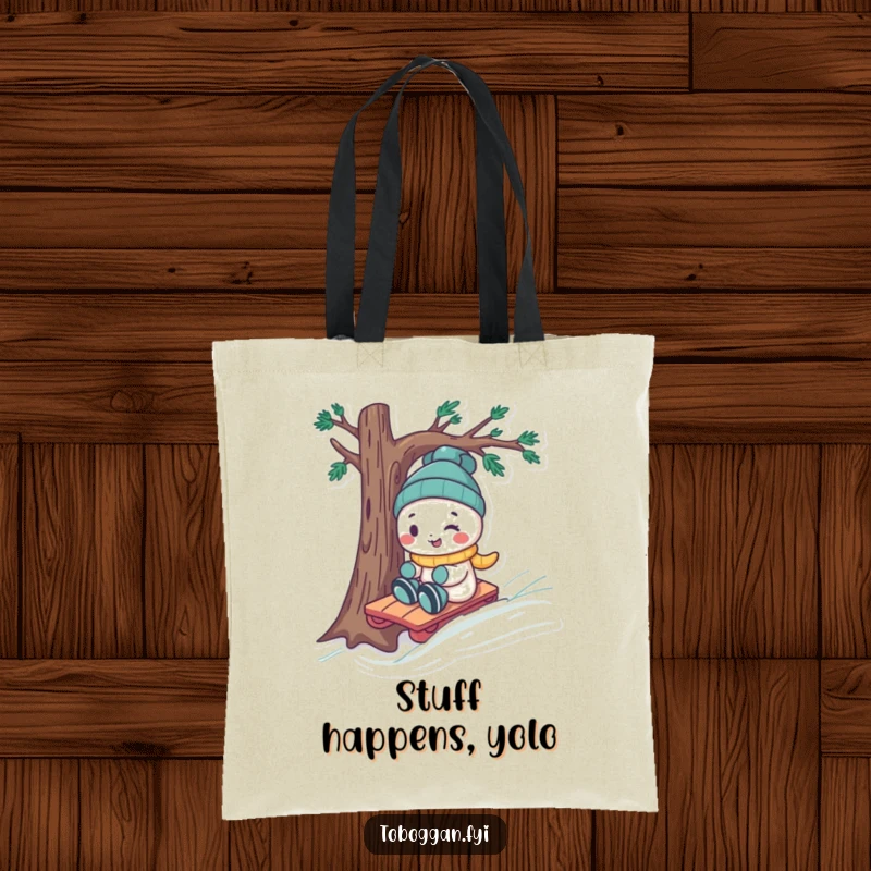 Funny character skillfully maneuvering a toboggan around a tree, printed on a stylish and humorous tote bag.